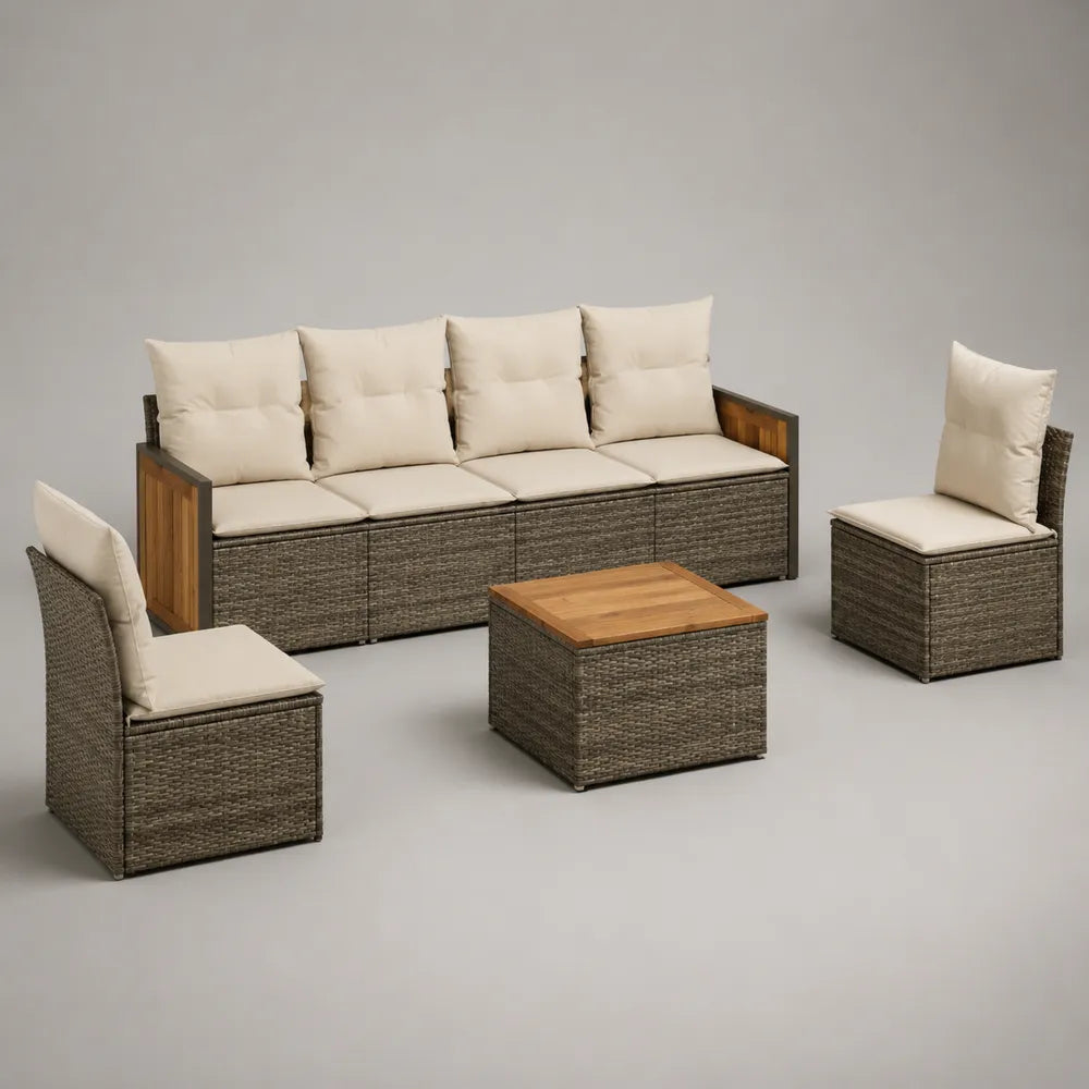 Set salotto da giardino in rattan PE con divano 4 posti, 2 poltrone e tavolino con piano in legno massello e cuscini beige