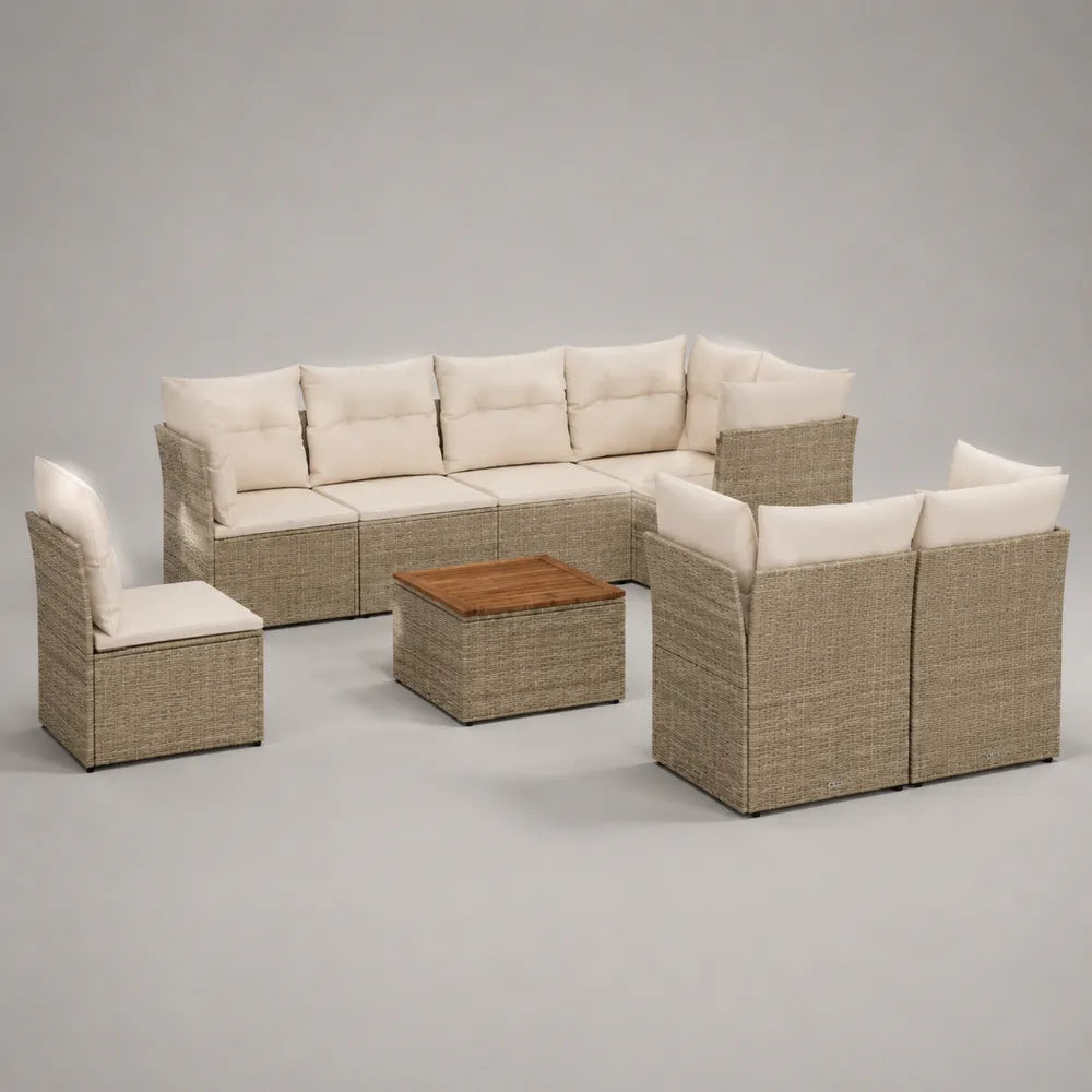 Set divani da giardino modulare 240 cm x 180 cm x 70 cm rattan PE beige con cuscini e tavolino piano legno di acacia