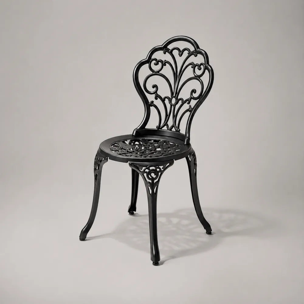 Sedia da giardino in acciaio verniciato nero con schienale decorativo traforato 45 cm 50 cm 90 cm
