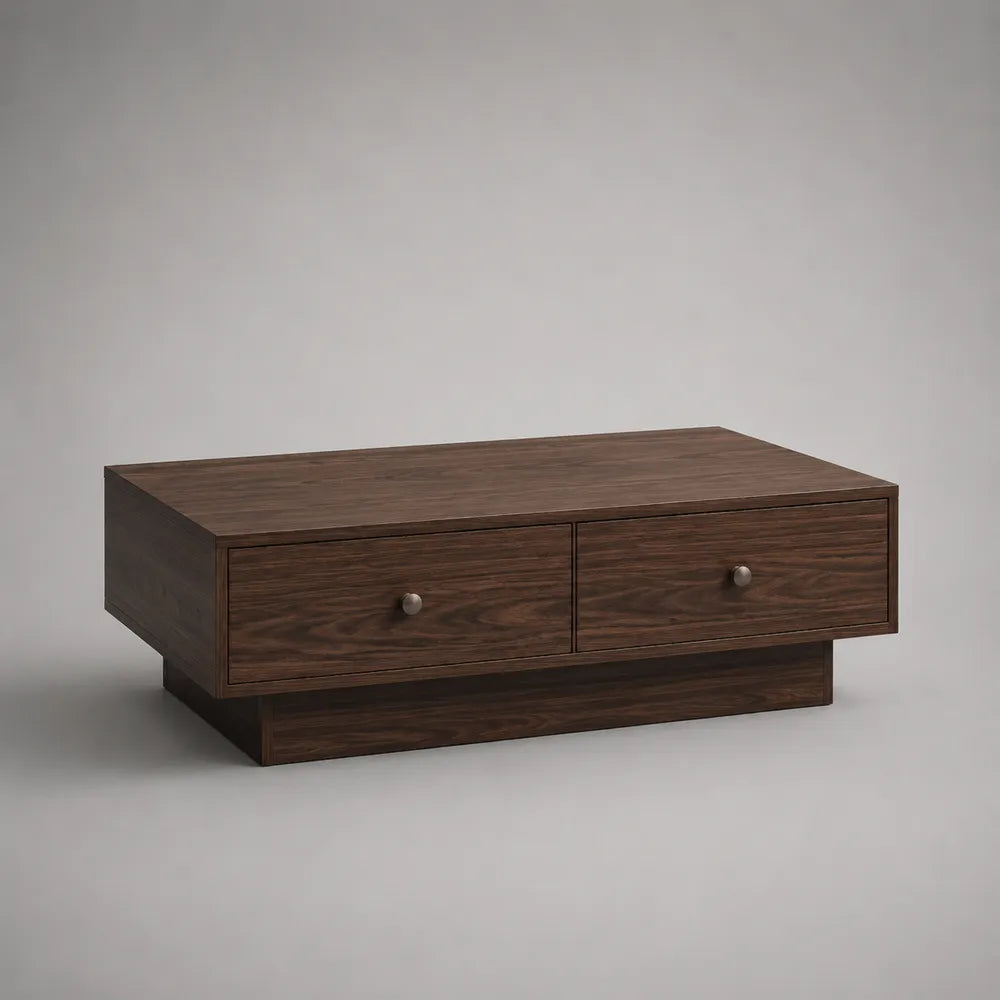Tavolino da caffè rettangolare con doppio cassetto MDF impiallacciato effetto noce scuro 120 x 60 x 35 cm