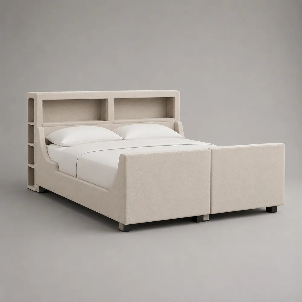 Letto matrimoniale 160 x 200 cm struttura imbottita in tessuto poliestere beige con testiera con ripiani integrati e struttura rettangolare