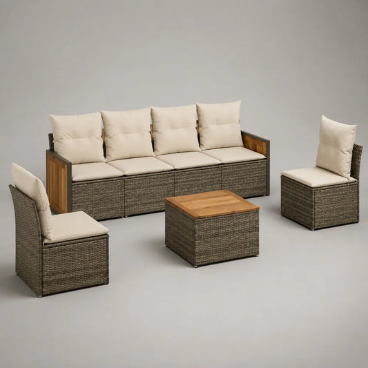 Set salotto da giardino in rattan PE con divano 4 posti, 2 poltrone e tavolino con piano in legno massello e cuscini beige