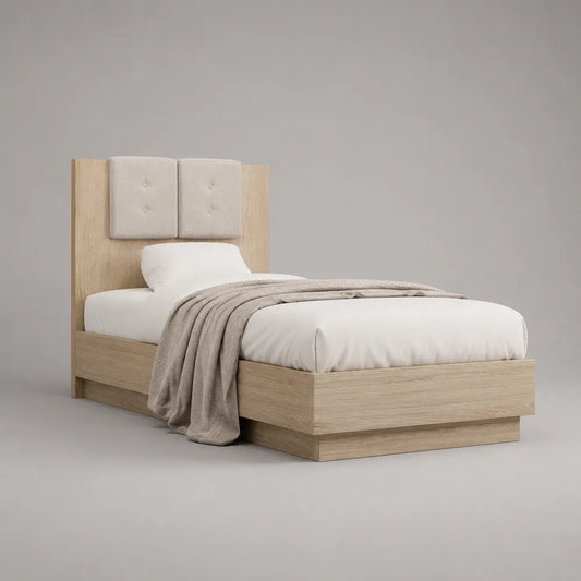 Letto singolo 90 x 200 cm struttura a piattaforma con testiera imbottita MDF effetto rovere chiaro colore beige