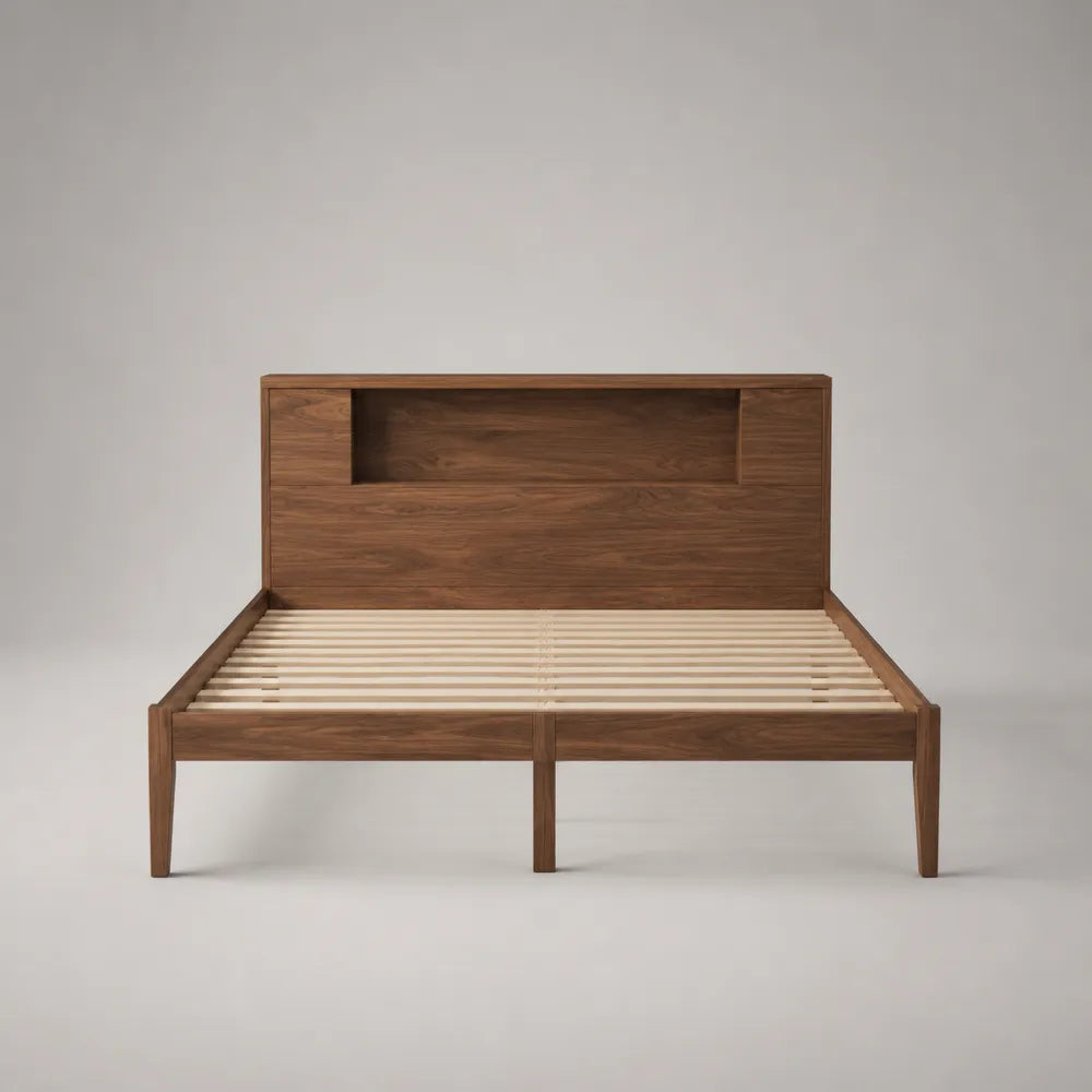 Letto matrimoniale 160x200 cm in legno con testiera contenitore a ripiani struttura letto rettangolare colore legno naturale