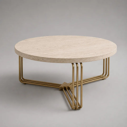 Tavolino da caffè 90 cm rotondo 42 cm piano effetto travertino beige struttura in acciaio verniciato oro forma circolare