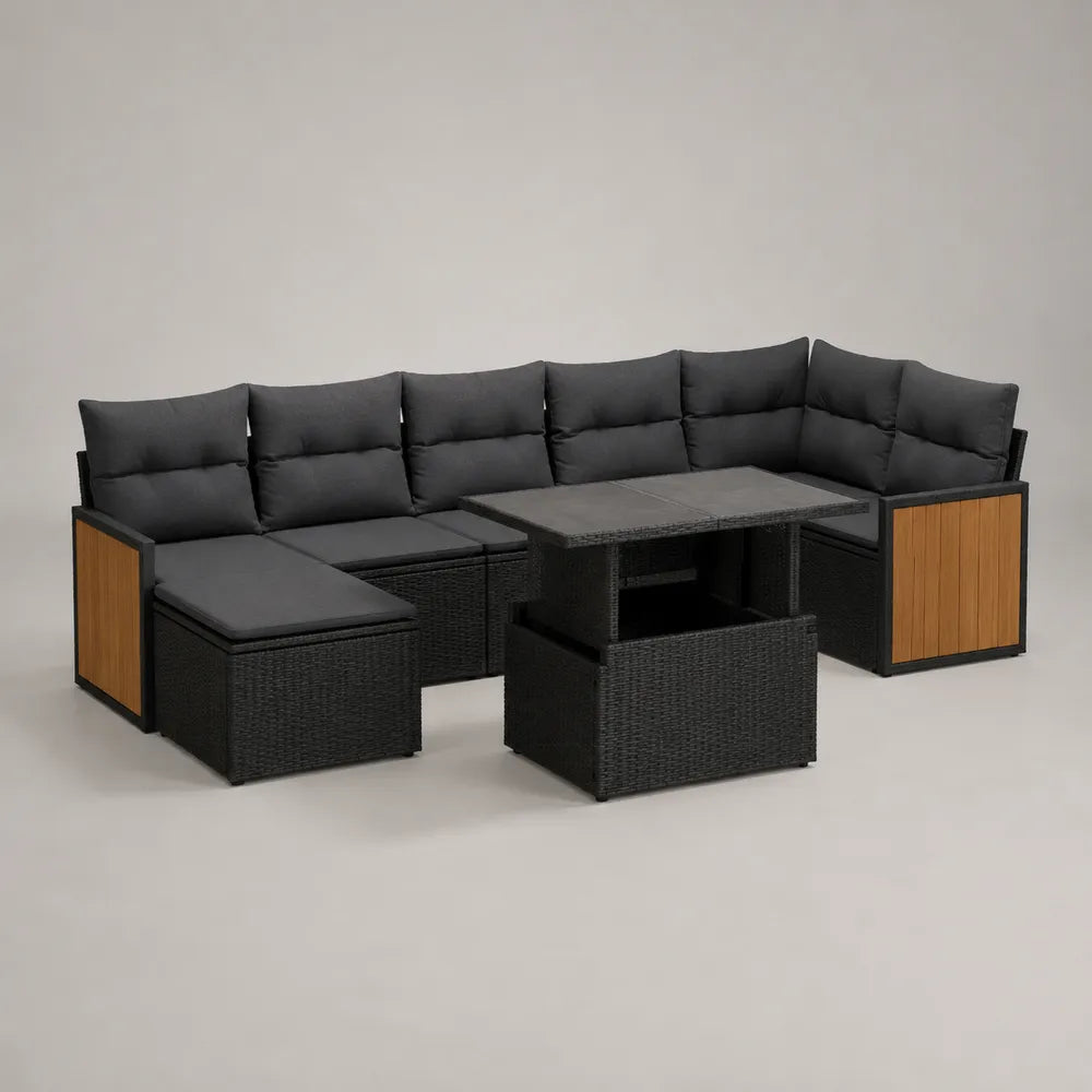 Set divano da giardino angolare modulare in rattan PE nero con cuscini grigio scuro e tavolino in vetro temperato e pannelli in legno
