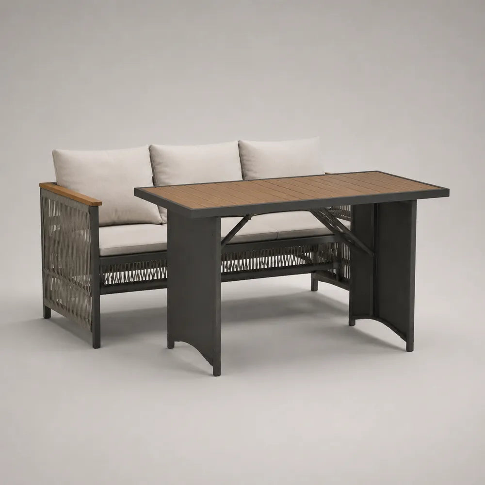 Set divano da giardino modulare con tavolo rettangolare in rattan PE e alluminio grigio beige 200 x 70 x 75 cm