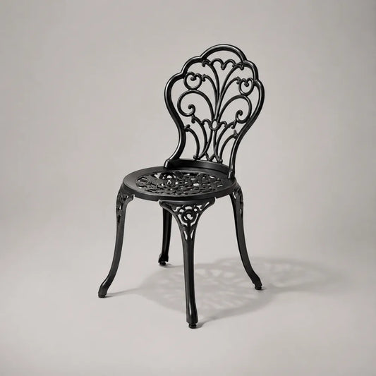 Sedia da giardino in acciaio verniciato nero con schienale decorativo traforato 45 cm 50 cm 90 cm