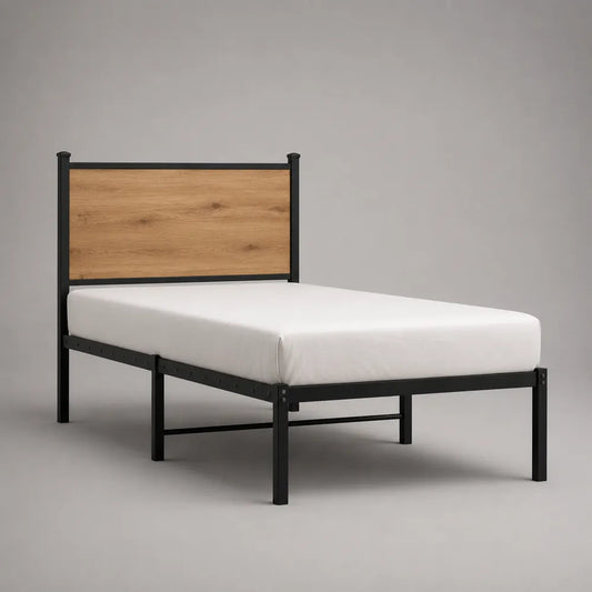 Letto singolo 90 x 200 cm struttura letto in acciaio nero con testiera in pannello effetto rovere senza contenitore
