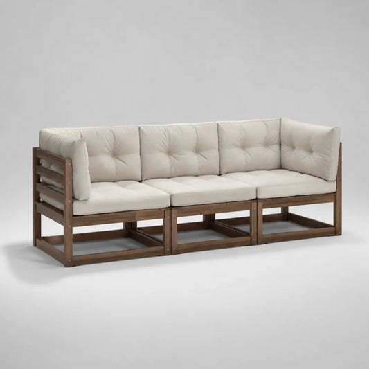 Divano da giardino 3 posti in legno massello di acacia con cuscini in poliestere beige marrone 210 x 80 x 75 cm