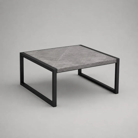 Tavolino da caffè piano quadrato 80 cm x 80 cm x 35 cm gres porcellanato effetto marmo grigio struttura in acciaio verniciato nero telaio aperto