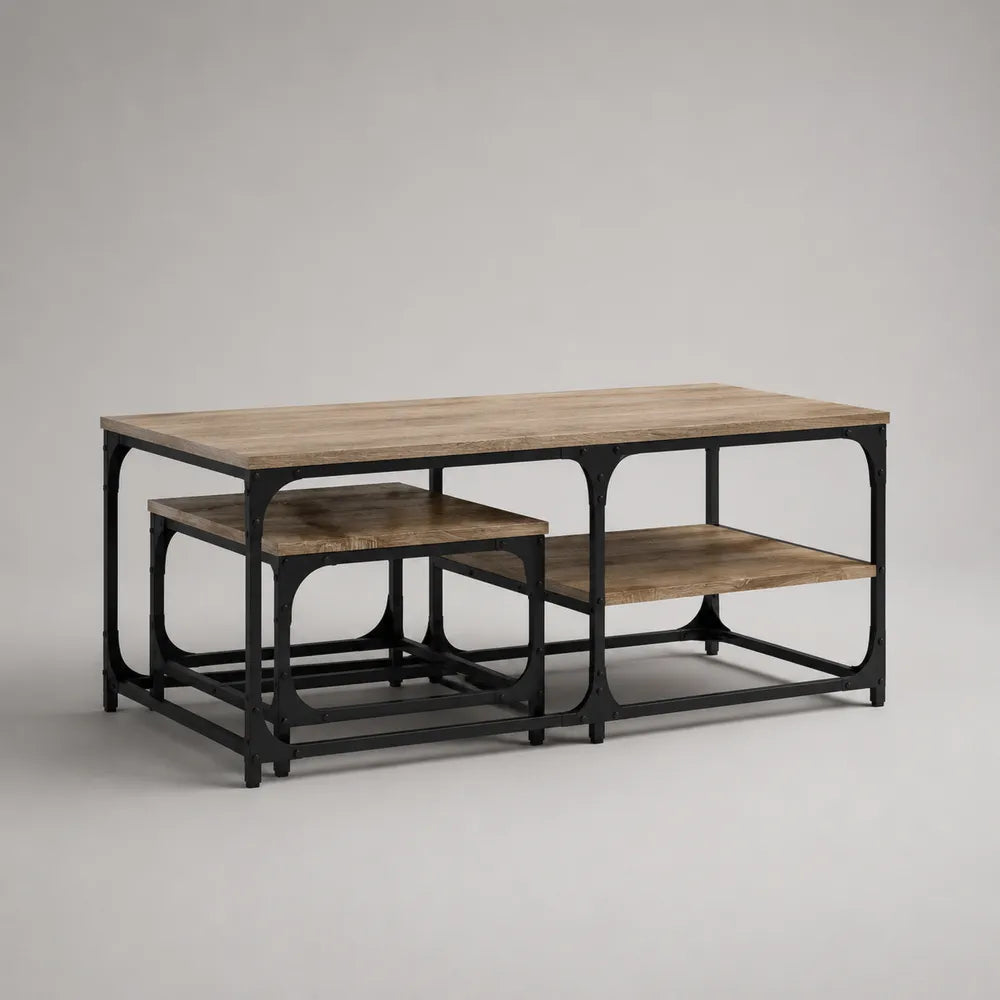 Set 2 tavolini da caffè rettangolari nidificabili 110 x 60 x 45 cm e 90 x 50 x 40 cm piano effetto rovere struttura in acciaio nero