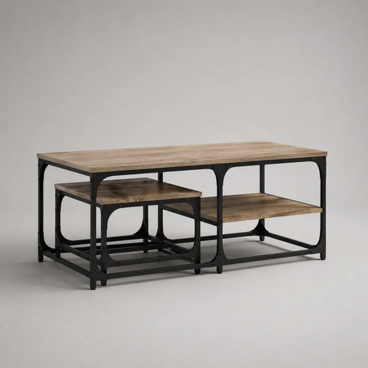 Set 2 tavolini da caffè rettangolari nidificabili 110 x 60 x 45 cm e 90 x 50 x 40 cm piano effetto rovere struttura in acciaio nero